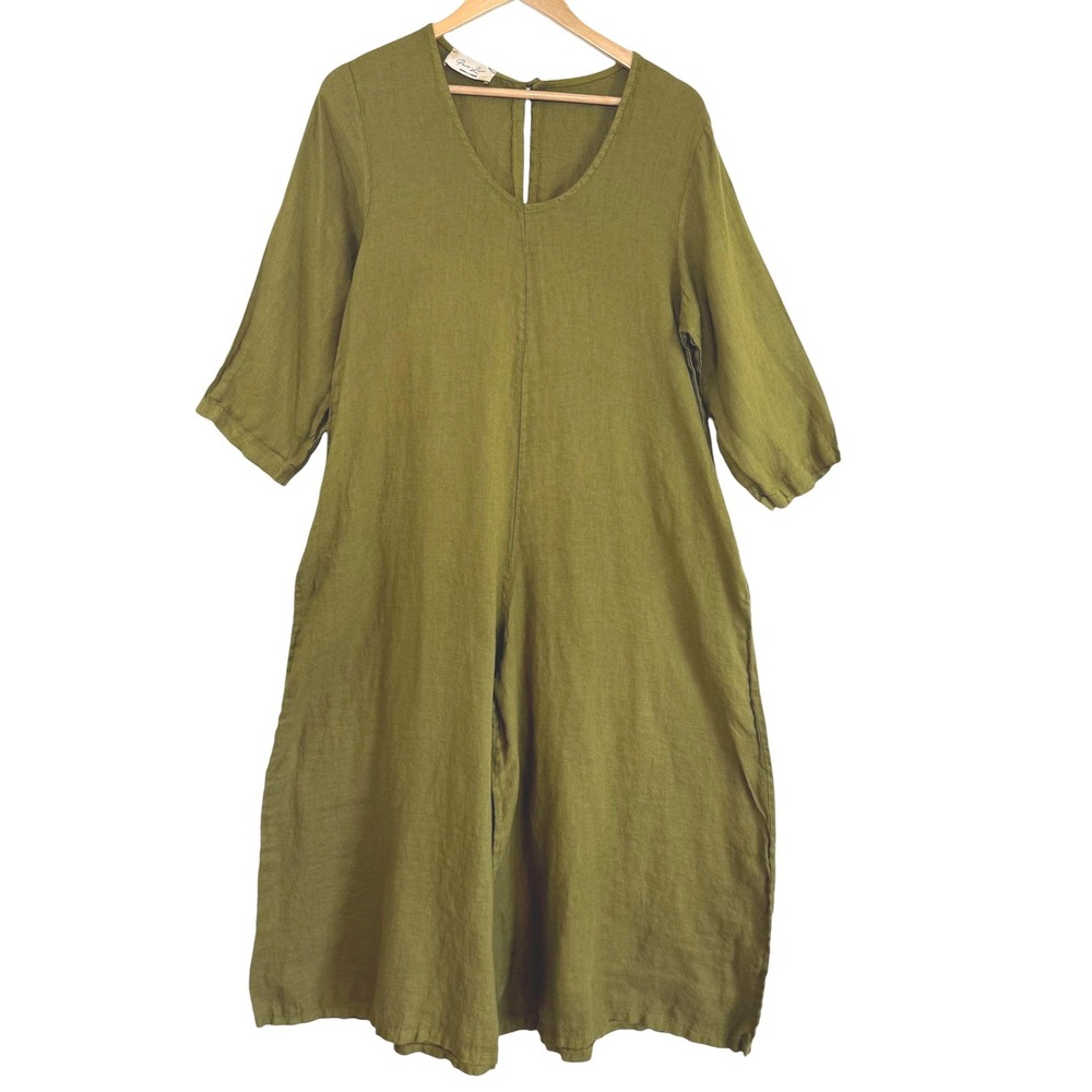 Puro Lino Italian Linen Wide Leg Jumpsuit Olive Green M Relaxed Lagenlook